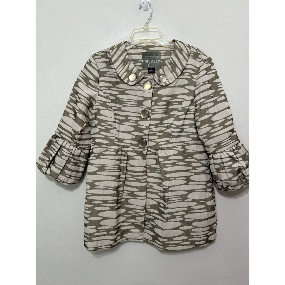 Mac & Jac Size 12 Blazer Jacket Green Ivory Peplum Big Buttons 3/4‎ Bell Sleeve